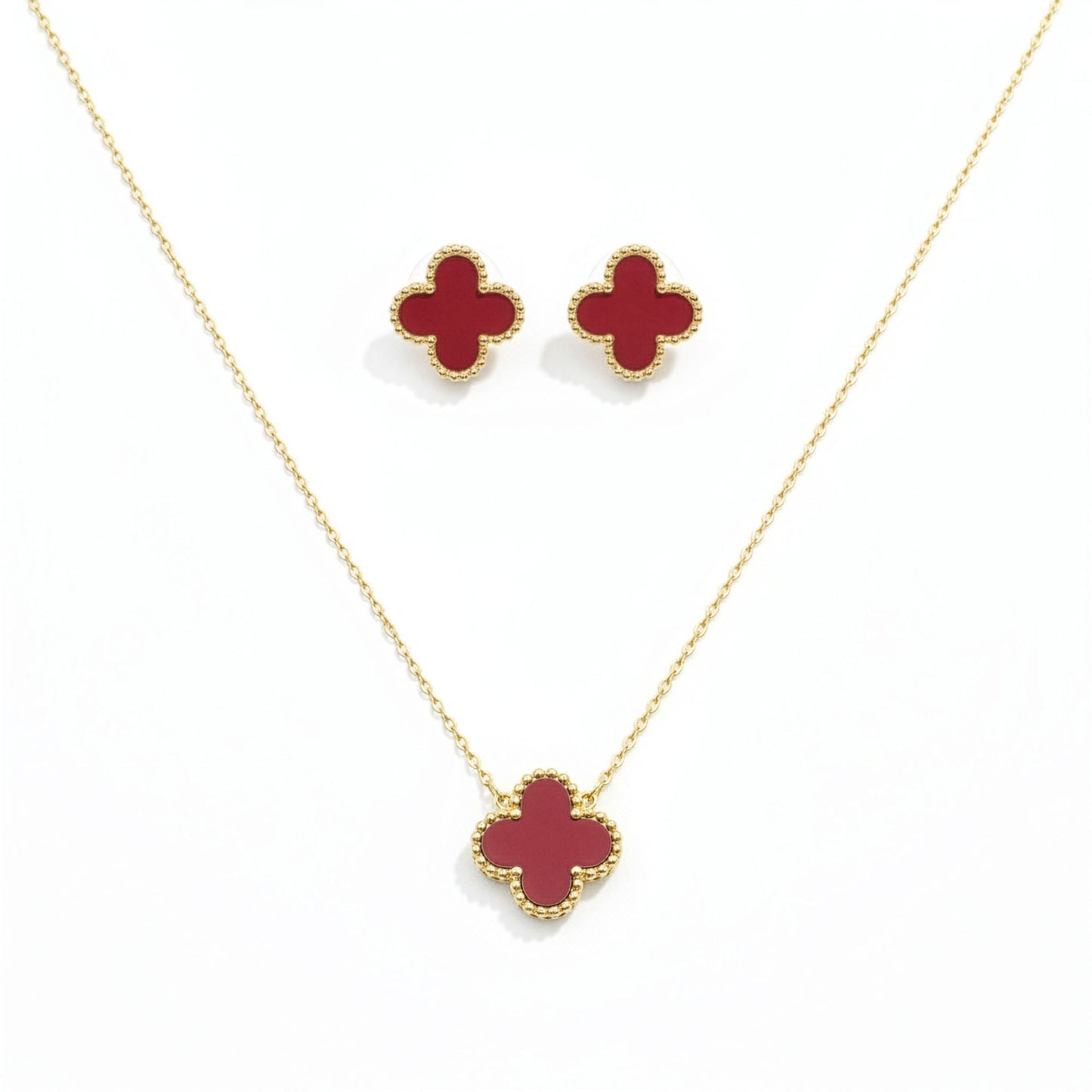 Set Trèfle Vermeil vue complète collier boucles acier inoxydable doré rouge — Beauty Store Maroc