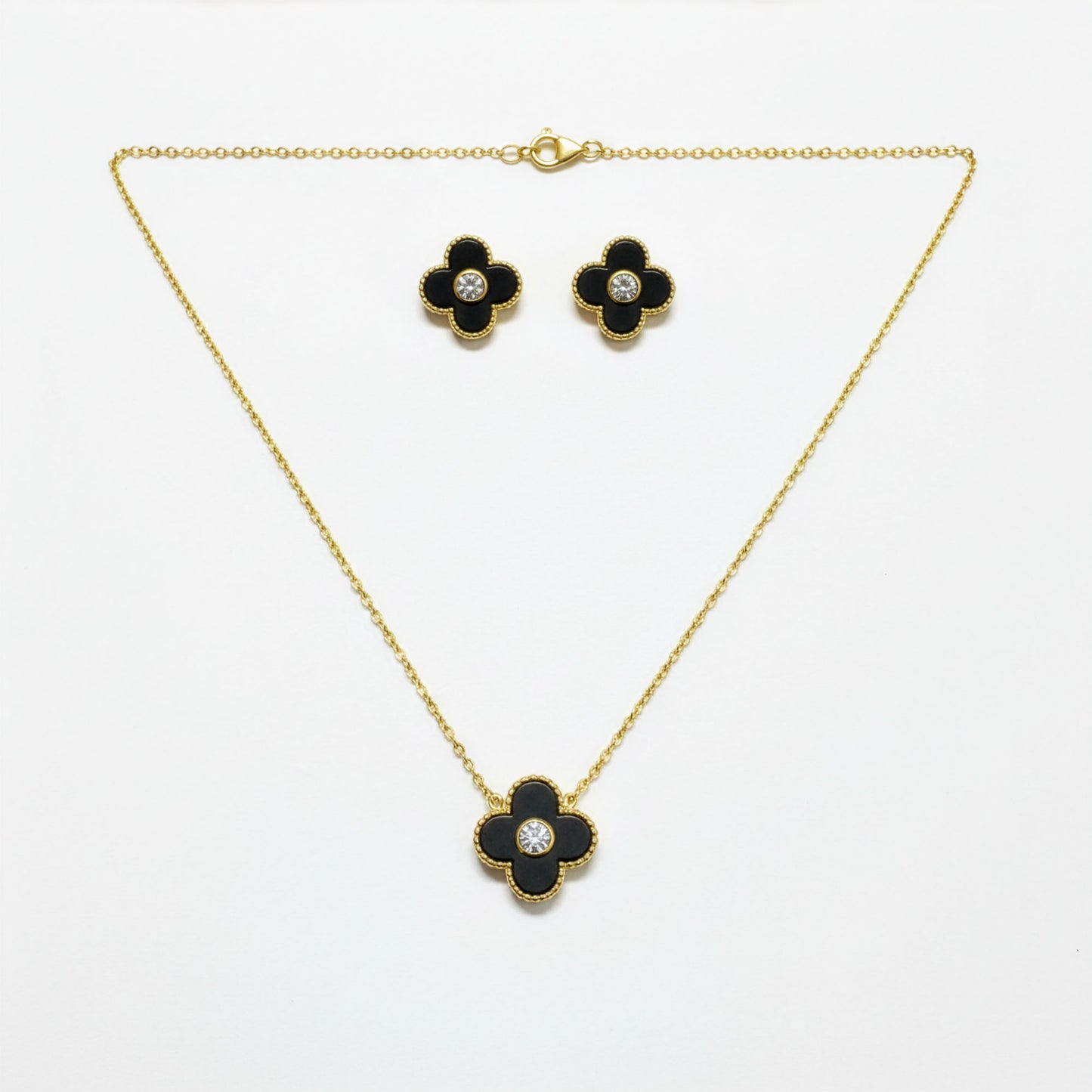 Set Trèfle Lumière Onyx collier et boucles cristal acier inoxydable doré — Beauty Store Maroc