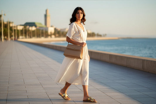 Sandale plate dorée tendance été 2026 — Sandales Positano TAHIR et Sac Capri — TAHIR Maroc