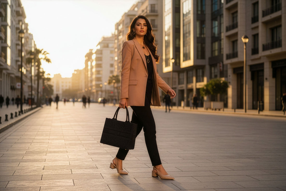 Tendances mode femme marocaine 2026 — Casablanca boulevard golden hour — TAHIR