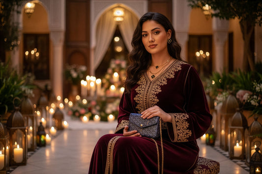 Sac de soirée mariage marocain — pochette chaîne dorée caftan bordeaux riad — TAHIR