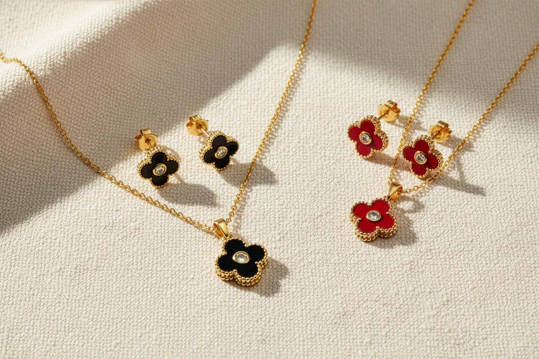 Bijoux dorés femme maroc — Collection Trèfle Onyx et Vermeil acier inoxydable — TAHIR
