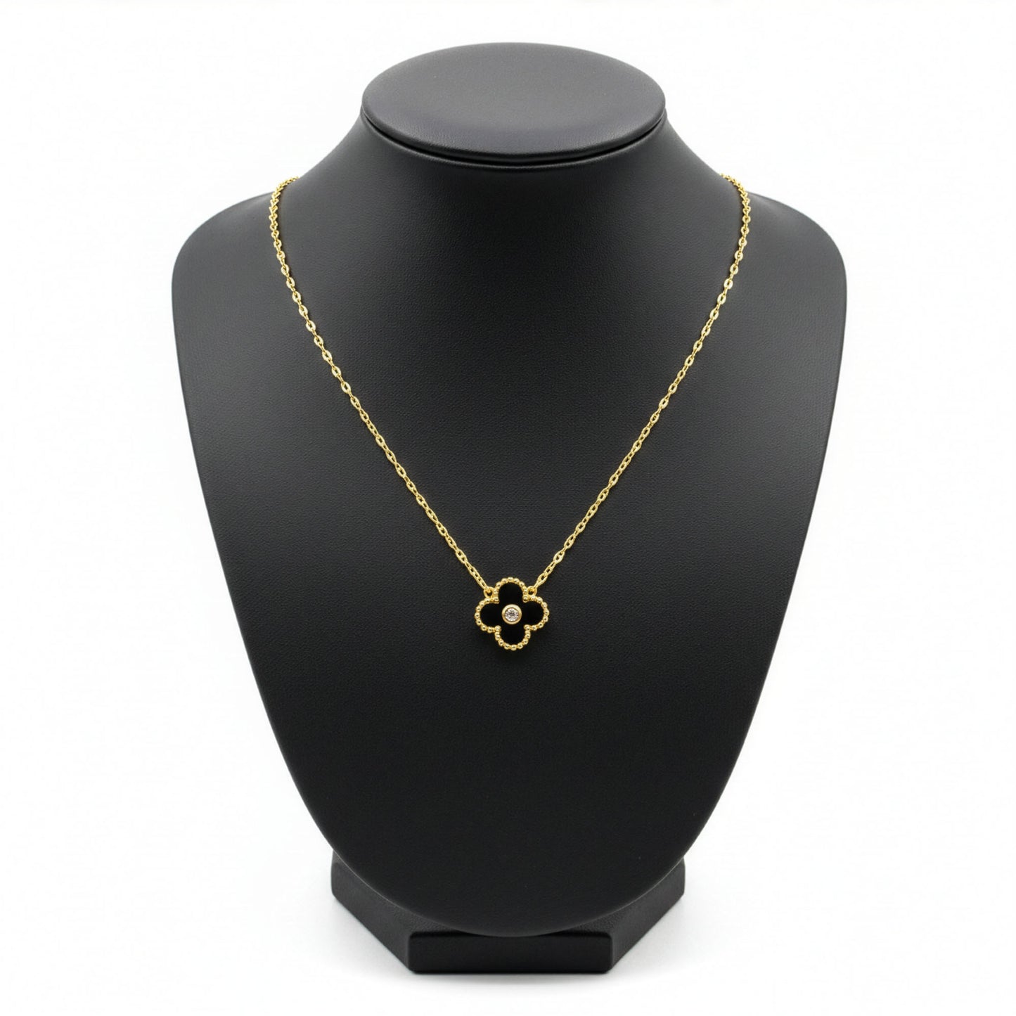 Collier Trèfle Lumière Onyx vue complète acier inoxydable doré — Beauty Store Maroc