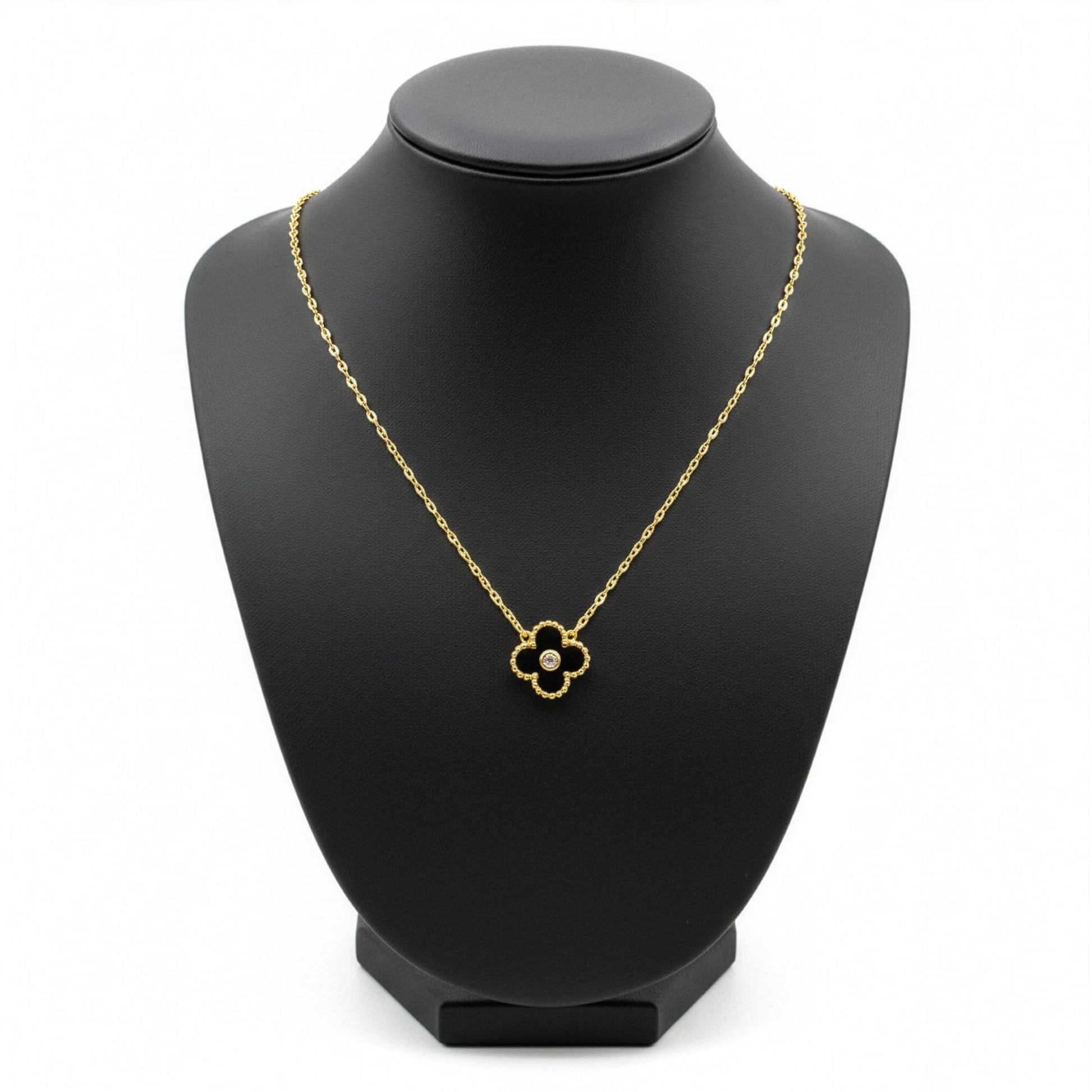 Collier Trèfle Lumière Onyx vue complète acier inoxydable doré — Beauty Store Maroc