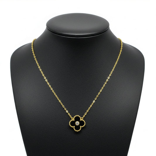 Collier Trèfle Lumière Onyx — pendentif onyx noir cristal central doré sur buste — Beauty Store Maroc