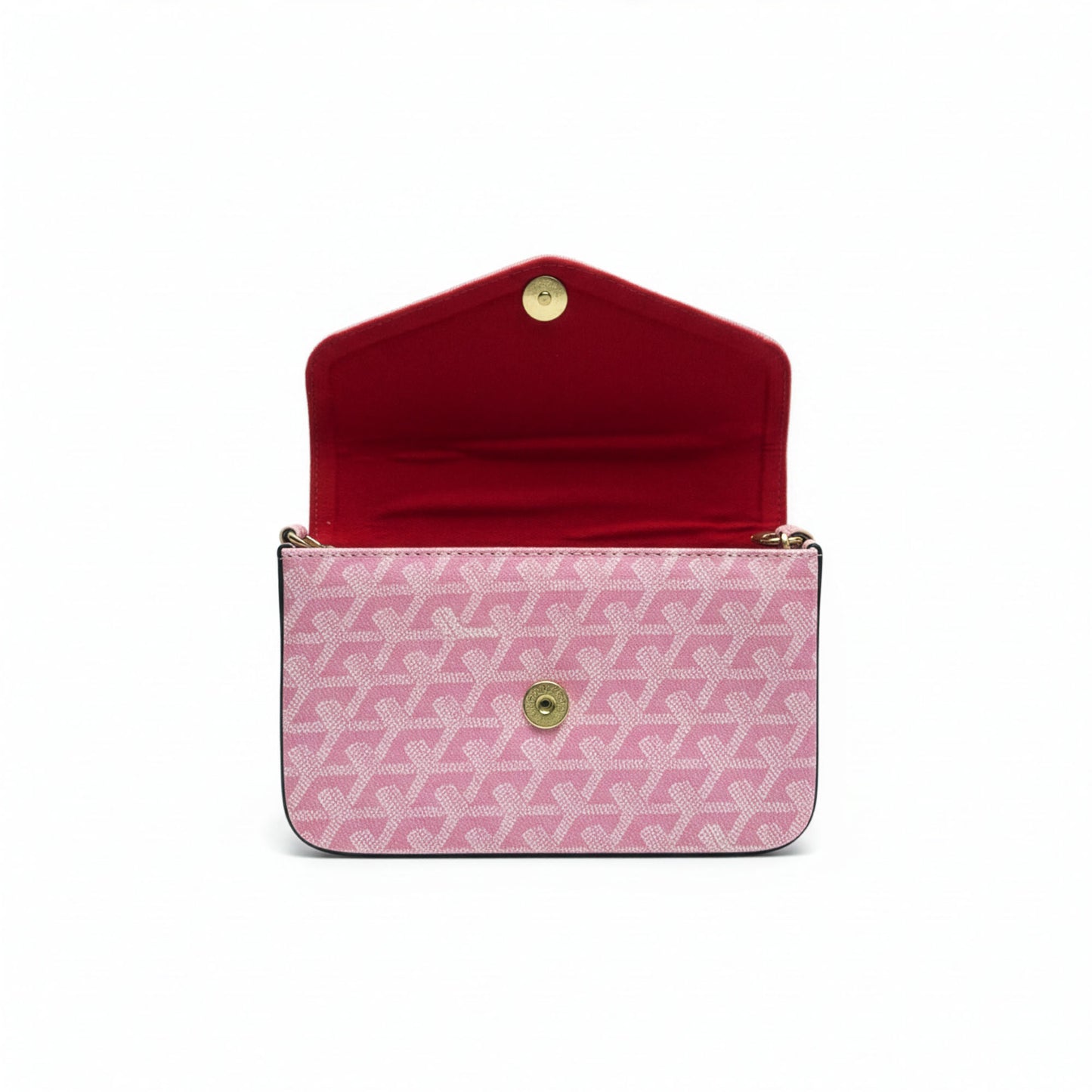Pink patterned handbag with open red interior on a white background