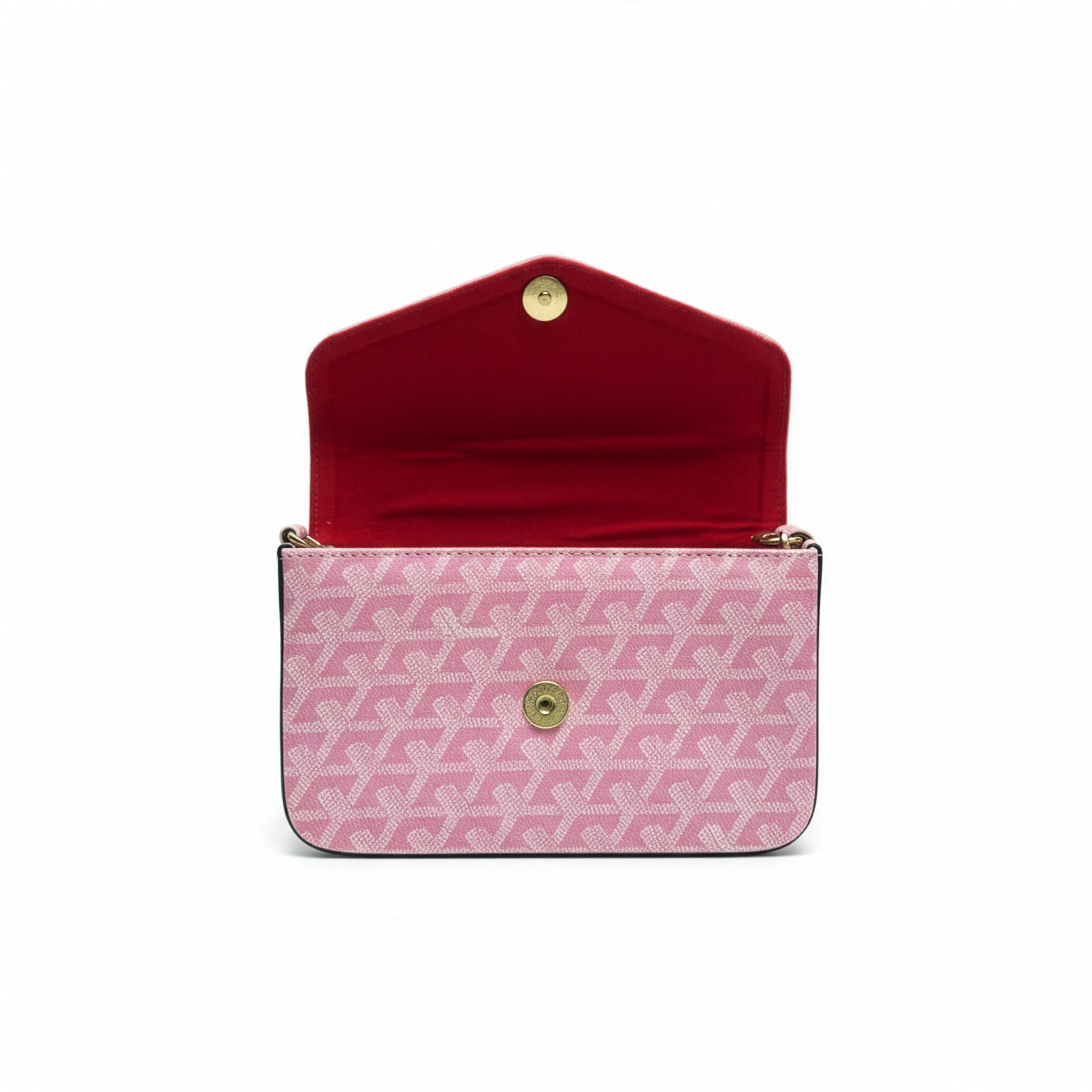 Pink patterned handbag with open red interior on a white background