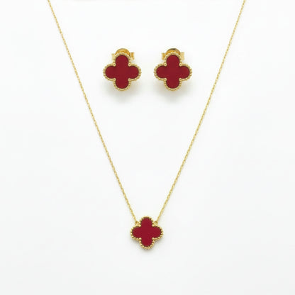 Set Trèfle Vermeil flatlay complet collier chaîne dorée et boucles assorties — Beauty Store Maroc