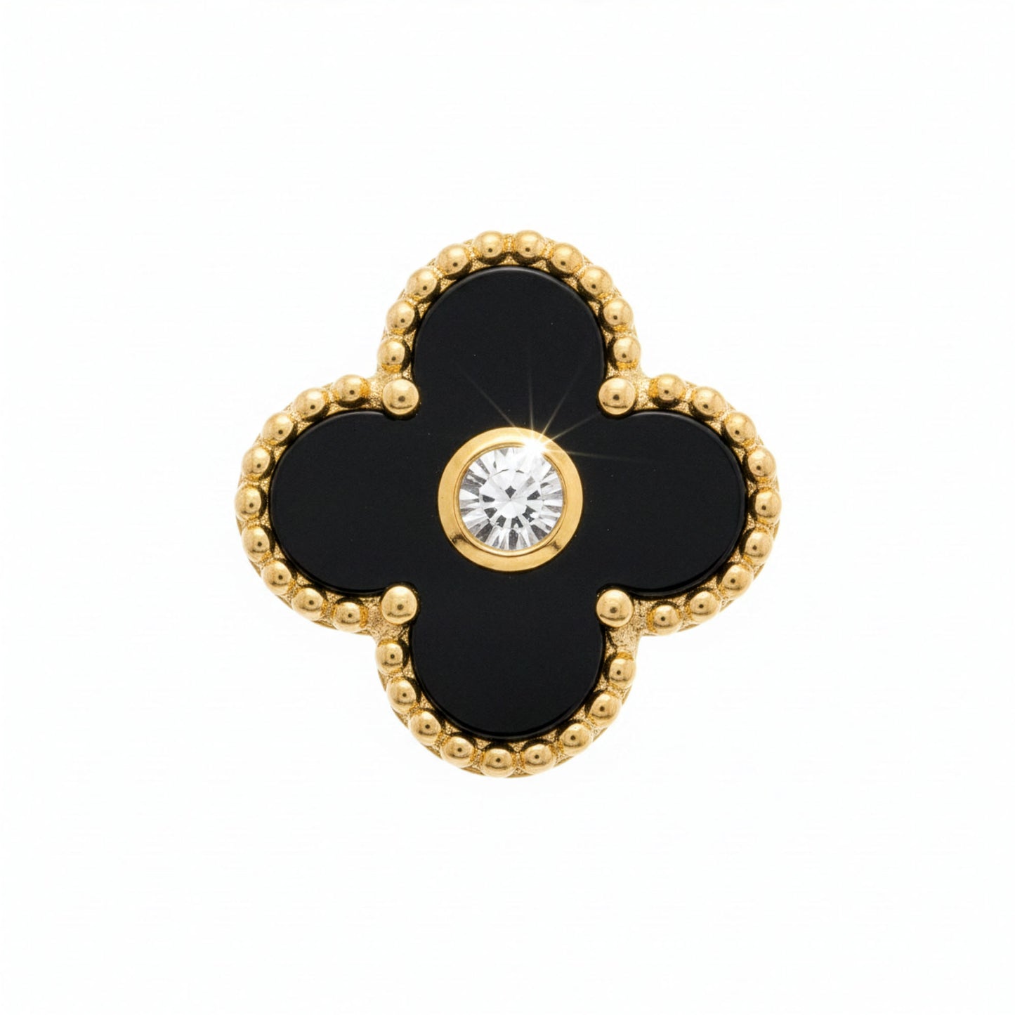 Boucles Trèfle Lumière Onyx paire flatlay fond blanc cristal brillant — Beauty Store Maroc