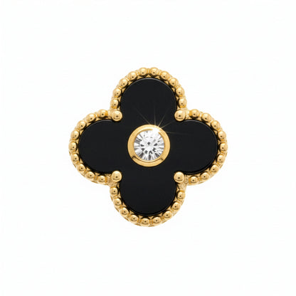 Boucles Trèfle Lumière Onyx paire flatlay fond blanc cristal brillant — Beauty Store Maroc