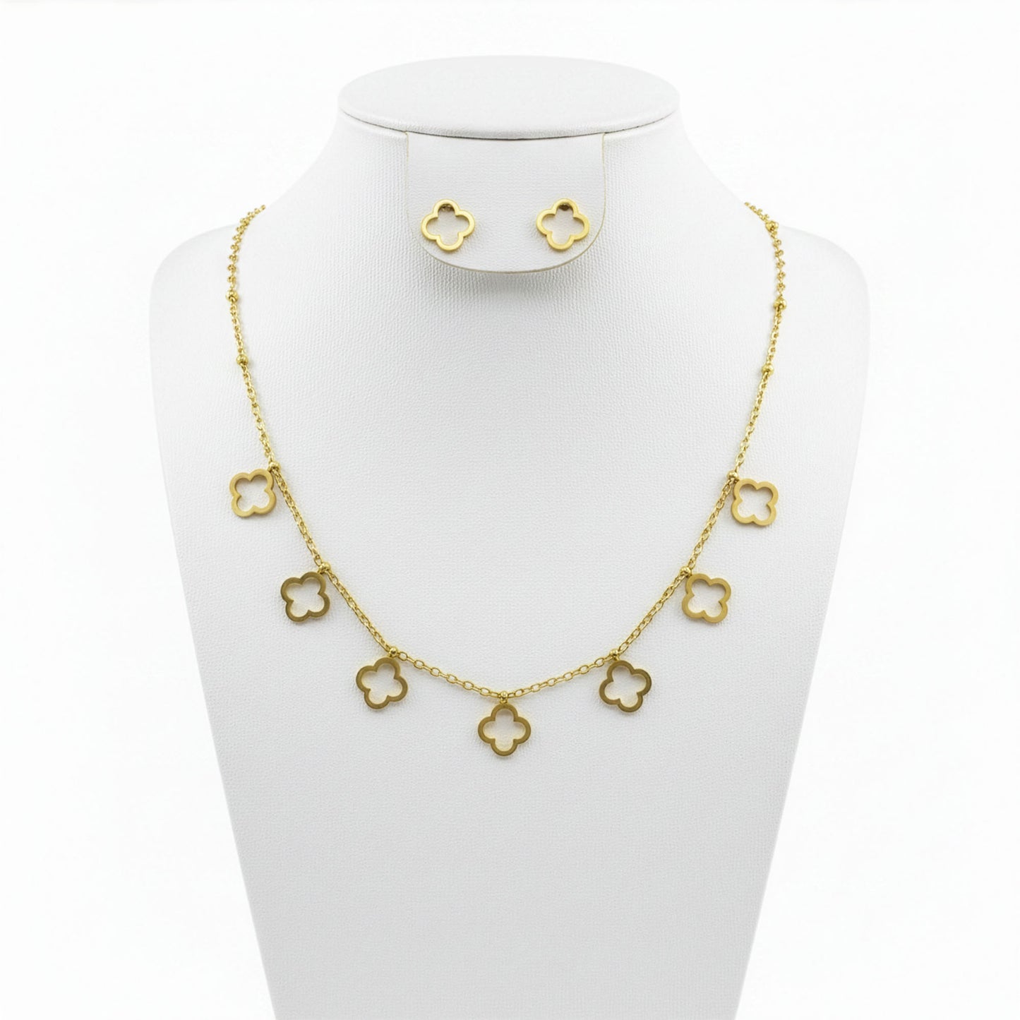 Set bijoux Trèfle Cascade doré — collier 7 trèfles et boucles clous assortis | Beauty Store Maroc