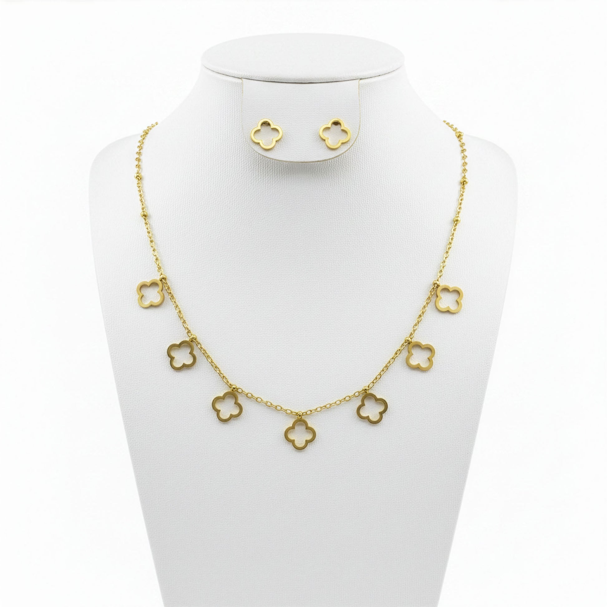 Set bijoux Trèfle Cascade doré — collier 7 trèfles et boucles clous assortis | Beauty Store Maroc