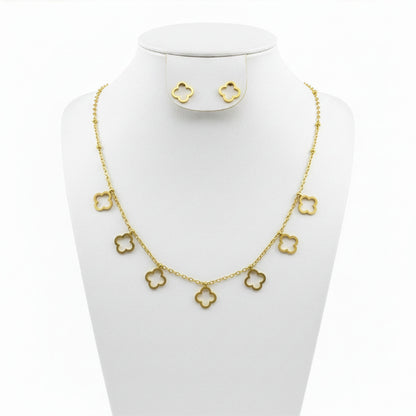Set bijoux Trèfle Cascade doré — collier 7 trèfles et boucles clous assortis | Beauty Store Maroc
