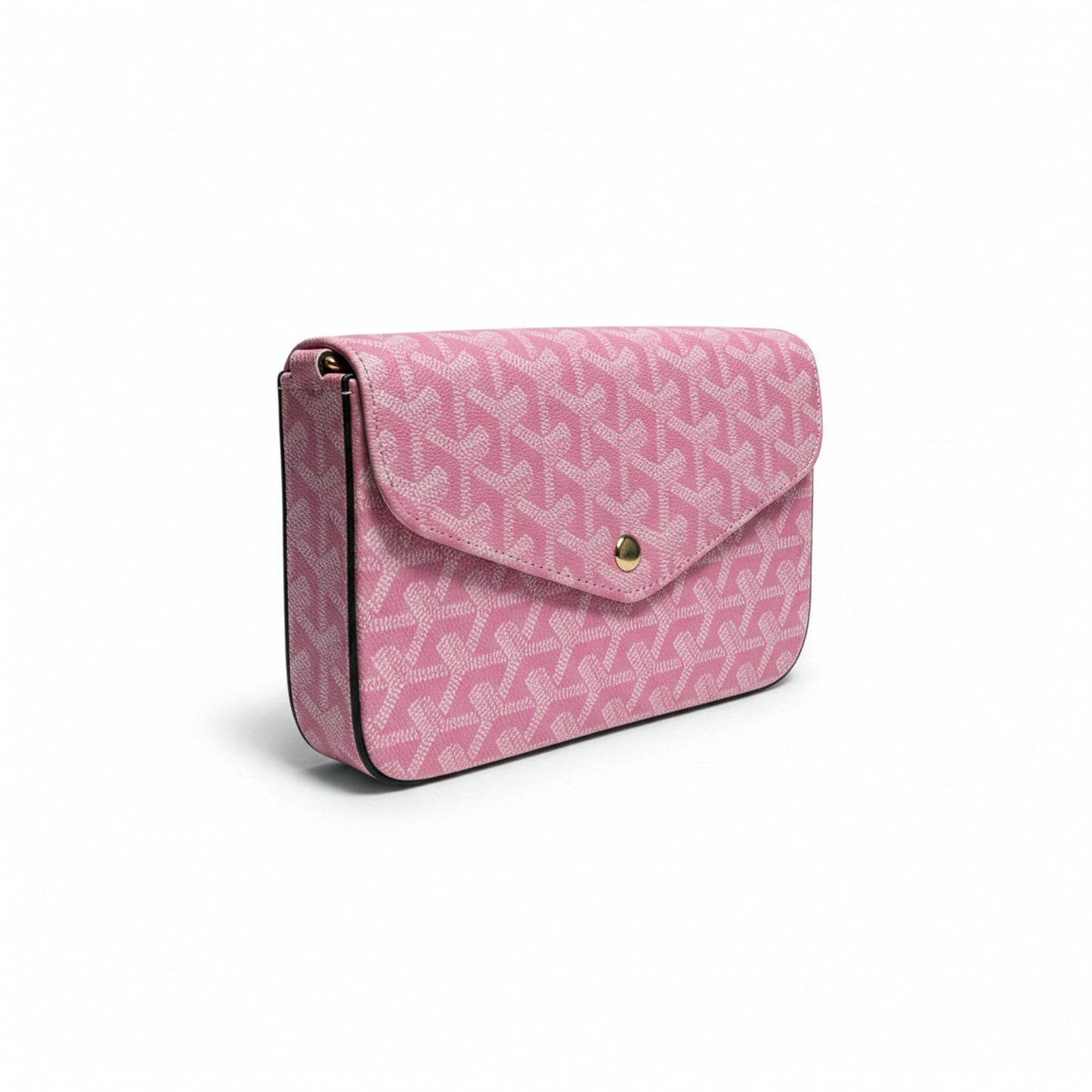 Sac Élara Rose Pétale - trois quarts gauche, pochette monogramme rose chaîne dorée | Beauty Store Maroc