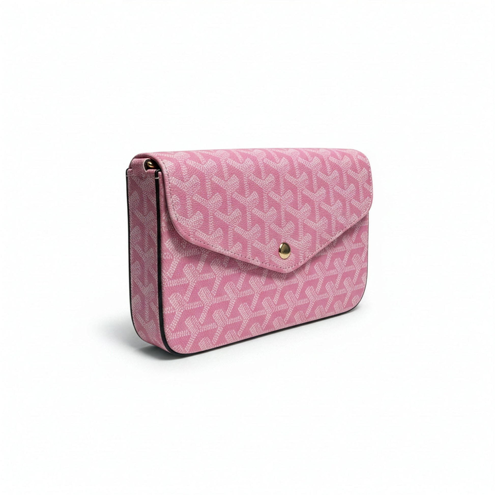 Sac Élara Rose Pétale - trois quarts gauche, pochette monogramme rose chaîne dorée | Beauty Store Maroc