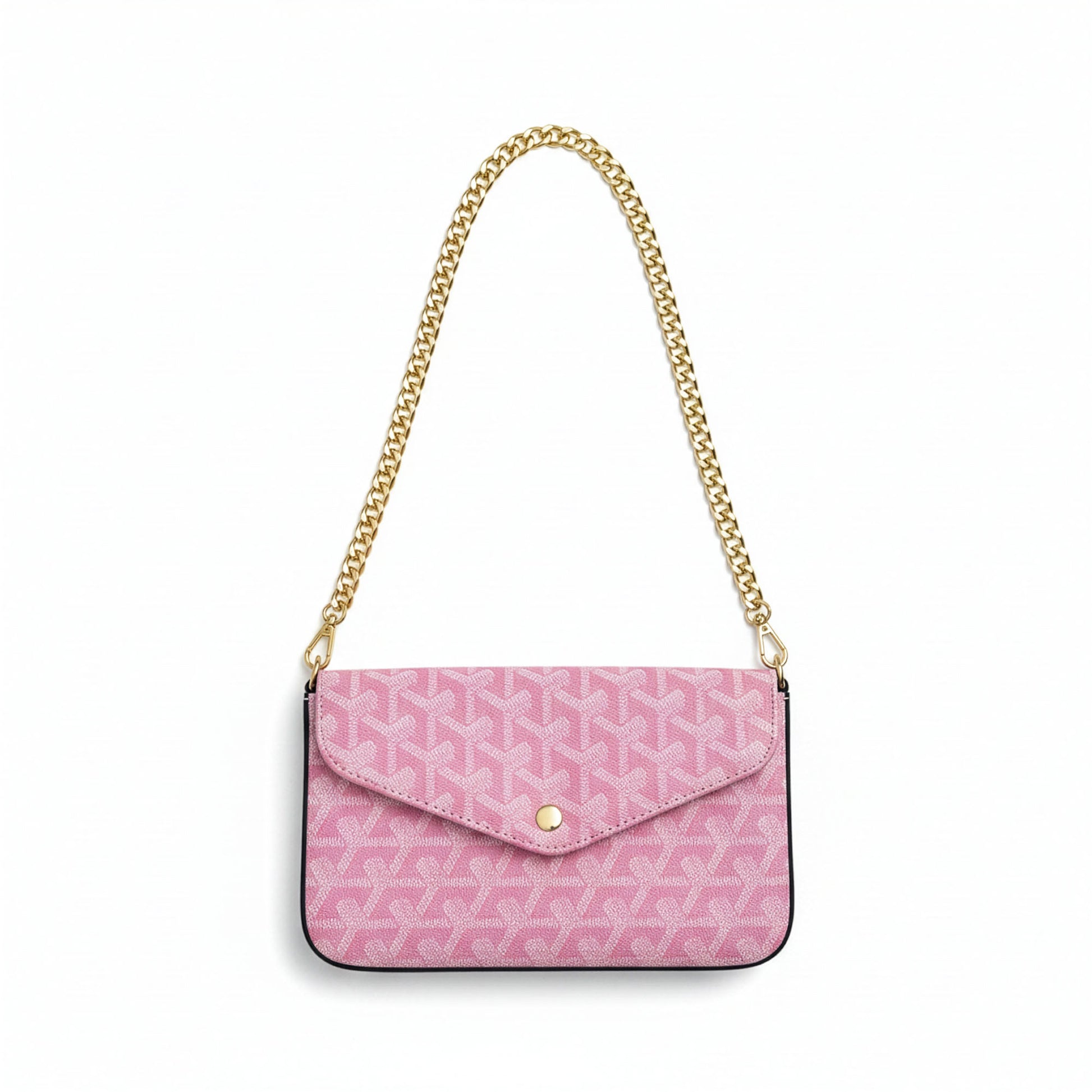 Sac Élara Rose Pétale - flatlay chaîne dorée dépliée 115cm | Beauty Store Maroc