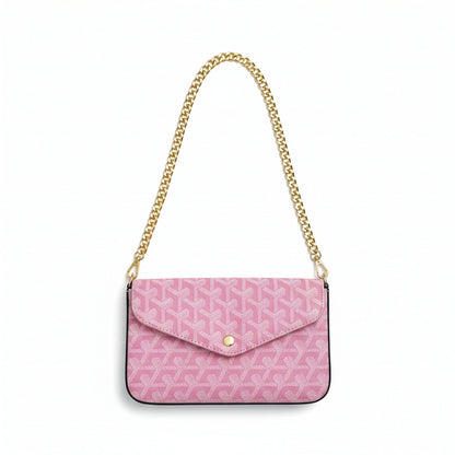 Sac Élara Rose Pétale - flatlay chaîne dorée dépliée 115cm | Beauty Store Maroc