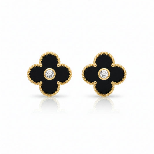 Boucles Trèfle Lumière Onyx — clous onyx noir cristal central doré flatlay — Beauty Store Maroc