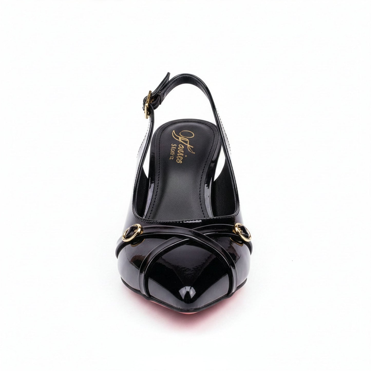 Escarpin Venezia Onyx - Vue de face bout pointu - Détail anneaux dorés | Beauty Store Maroc