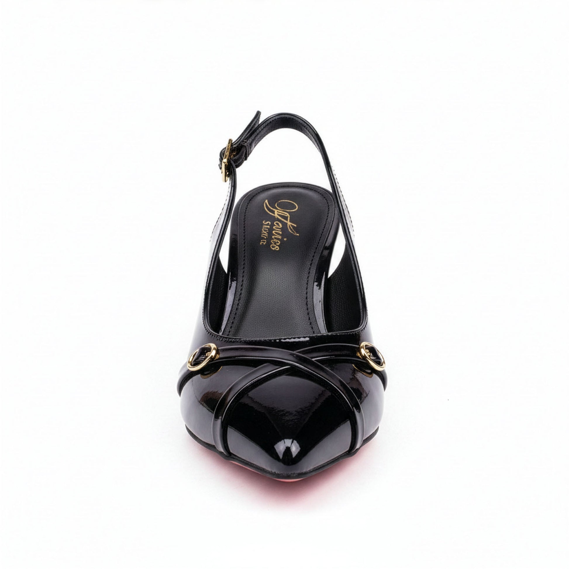 Escarpin Venezia Onyx - Vue de face bout pointu - Détail anneaux dorés | Beauty Store Maroc