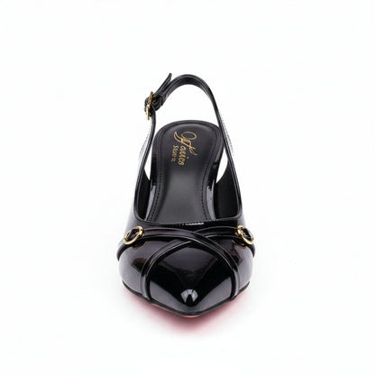 Escarpin Venezia Onyx - Vue de face bout pointu - Détail anneaux dorés | Beauty Store Maroc