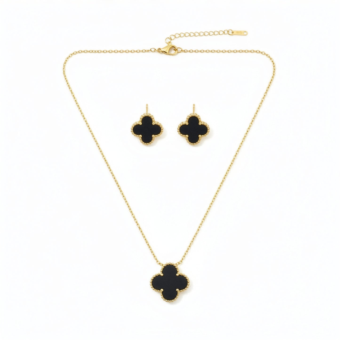 Set Trèfle Onyx flatlay complet collier chaîne dorée et boucles assorties — Beauty Store Maroc