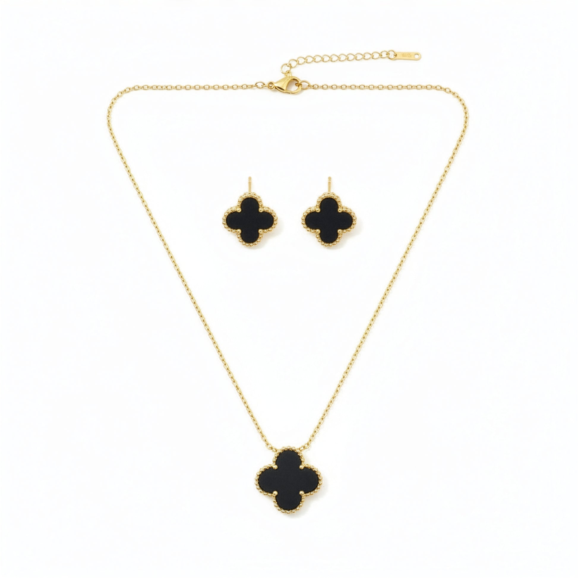 Set Trèfle Onyx flatlay complet collier chaîne dorée et boucles assorties — Beauty Store Maroc
