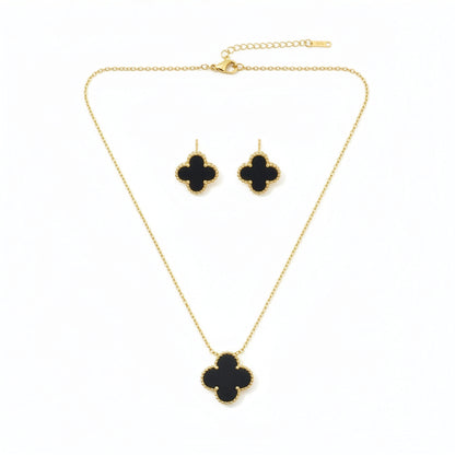 Set Trèfle Onyx flatlay complet collier chaîne dorée et boucles assorties — Beauty Store Maroc