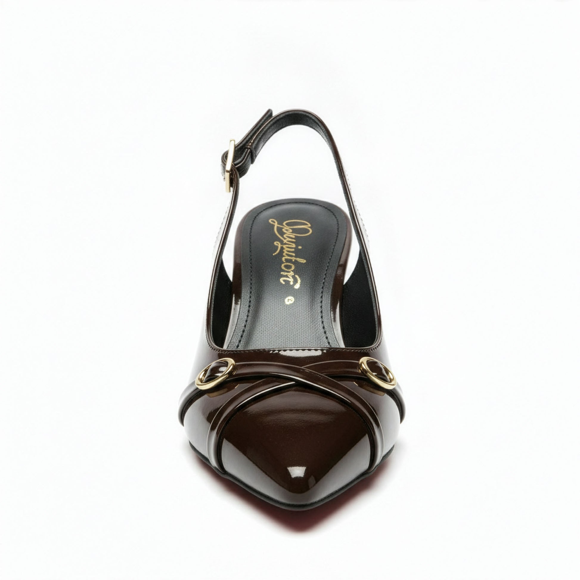 Escarpin Venezia Chocolat - Vue de face bout pointu - Détail anneaux dorés | Beauty Store Maroc