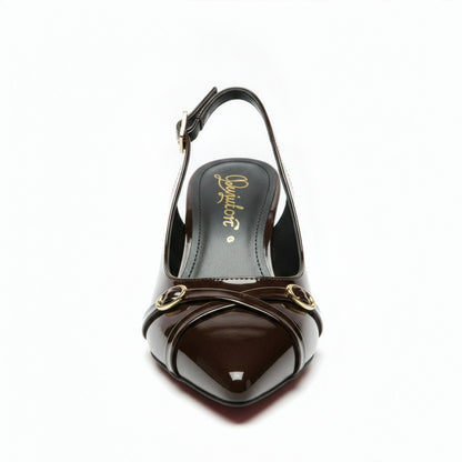 Escarpin Venezia Chocolat - Vue de face bout pointu - Détail anneaux dorés | Beauty Store Maroc