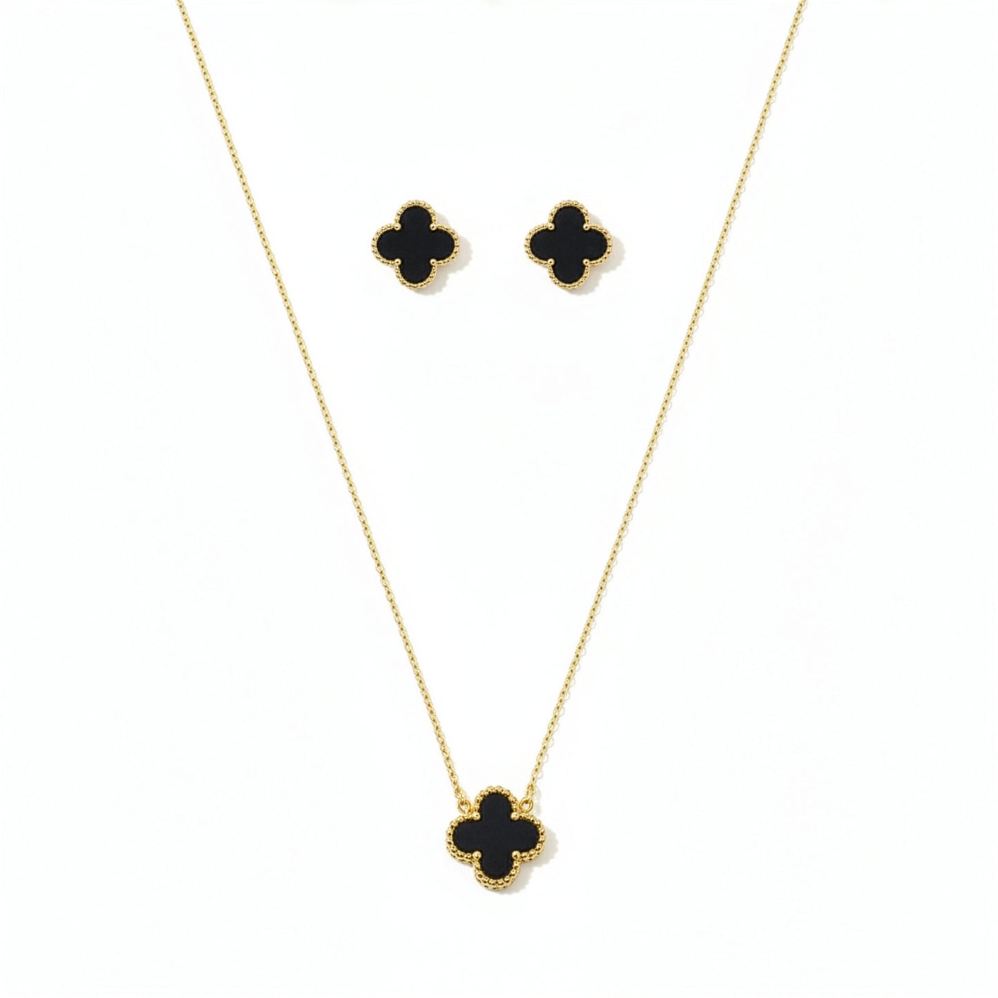 Collier Trèfle Onyx trois quarts buste noir chaîne fine acier doré — Beauty Store Maroc