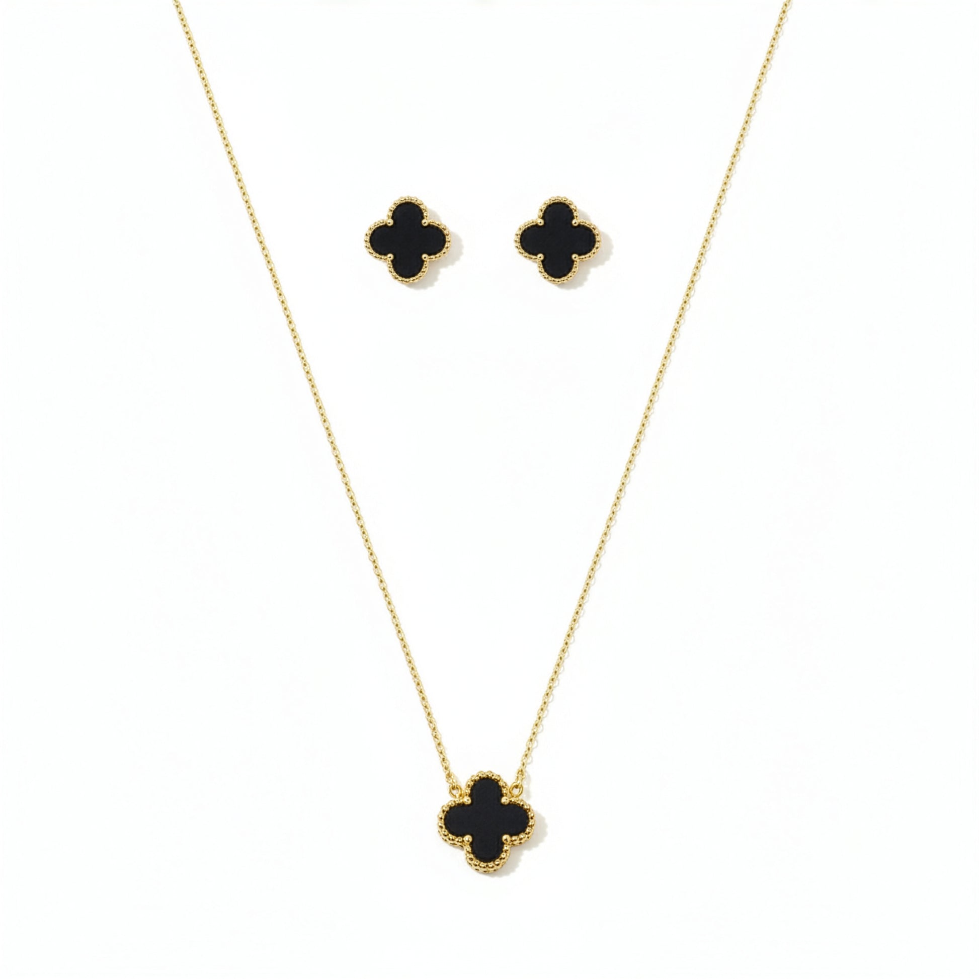 Collier Trèfle Onyx trois quarts buste noir chaîne fine acier doré — Beauty Store Maroc