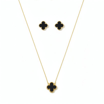 Collier Trèfle Onyx trois quarts buste noir chaîne fine acier doré — Beauty Store Maroc