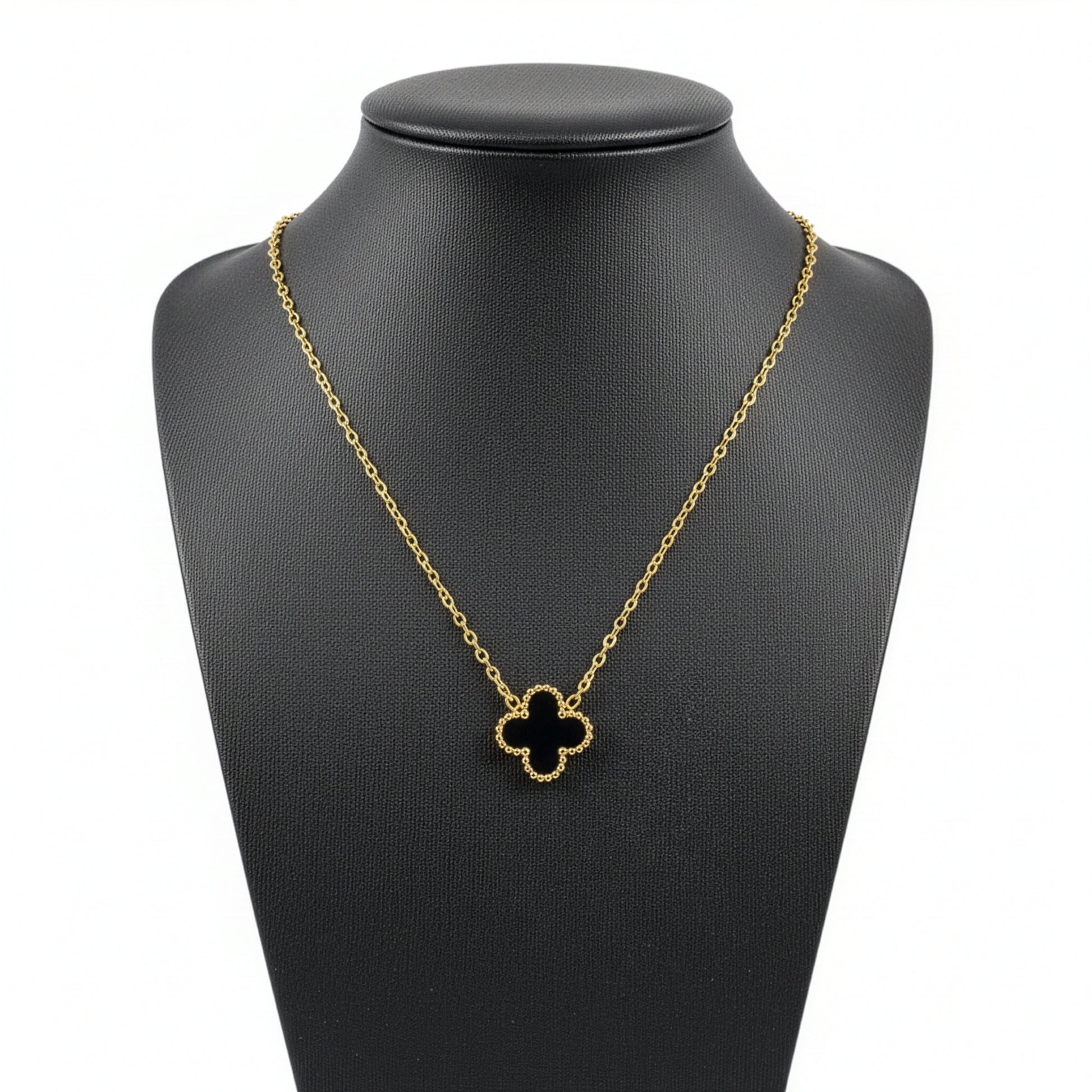 Collier Trèfle Onyx macro pendentif onyx noir bordure milgrain dorée — Beauty Store Maroc