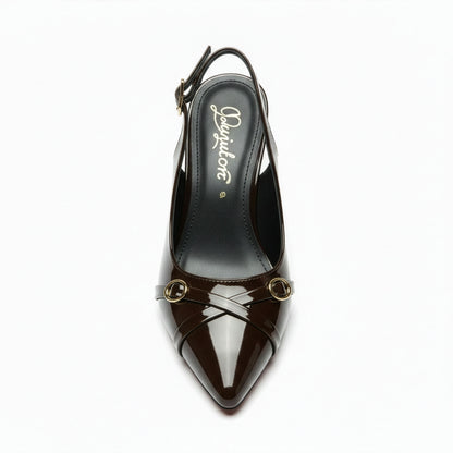 Escarpin Venezia Chocolat - Flatlay vue dessus - Semelle intérieure gris-bleu Malisia Shoes | Beauty Store Maroc