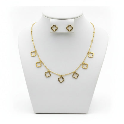Set Trèfle Cascade collier et boucles dorés — vue ensemble buste blanc | Beauty Store Maroc