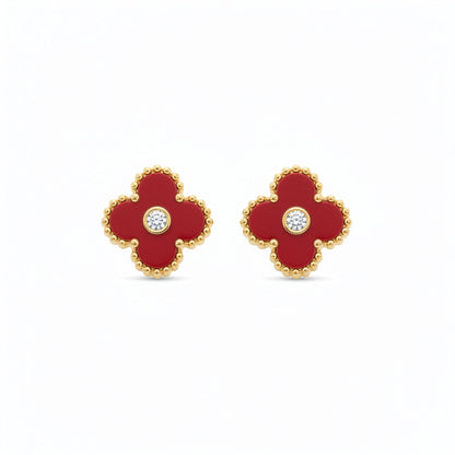 Boucles Trèfle Lumière Vermeil — clous rouge vermeil cristal central doré flatlay — Beauty Store Maroc