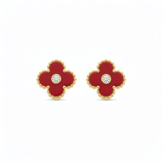 Boucles Trèfle Lumière Vermeil — clous rouge vermeil cristal central doré flatlay — Beauty Store Maroc