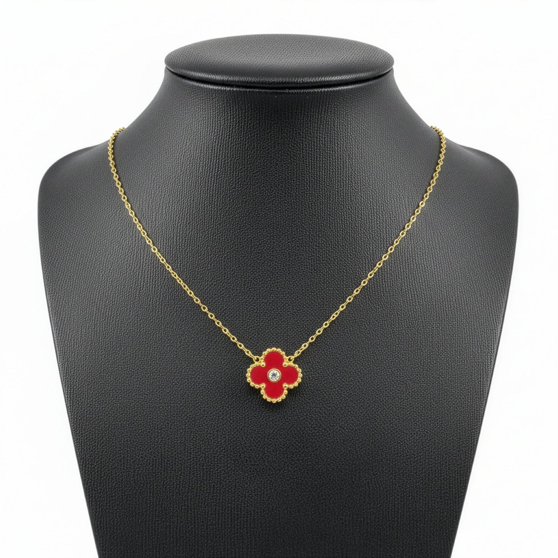 Collier Trèfle Lumière Vermeil buste trois quarts rouge vermeil cristal bezet doré — Beauty Store Maroc