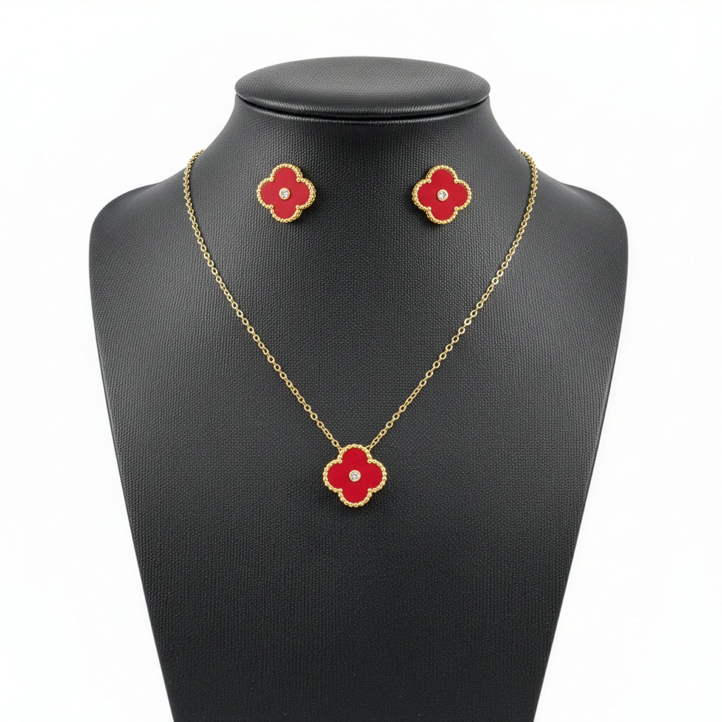 Set Trèfle Lumière Vermeil buste fond blanc collier boucles rouge cristal doré — Beauty Store Maroc