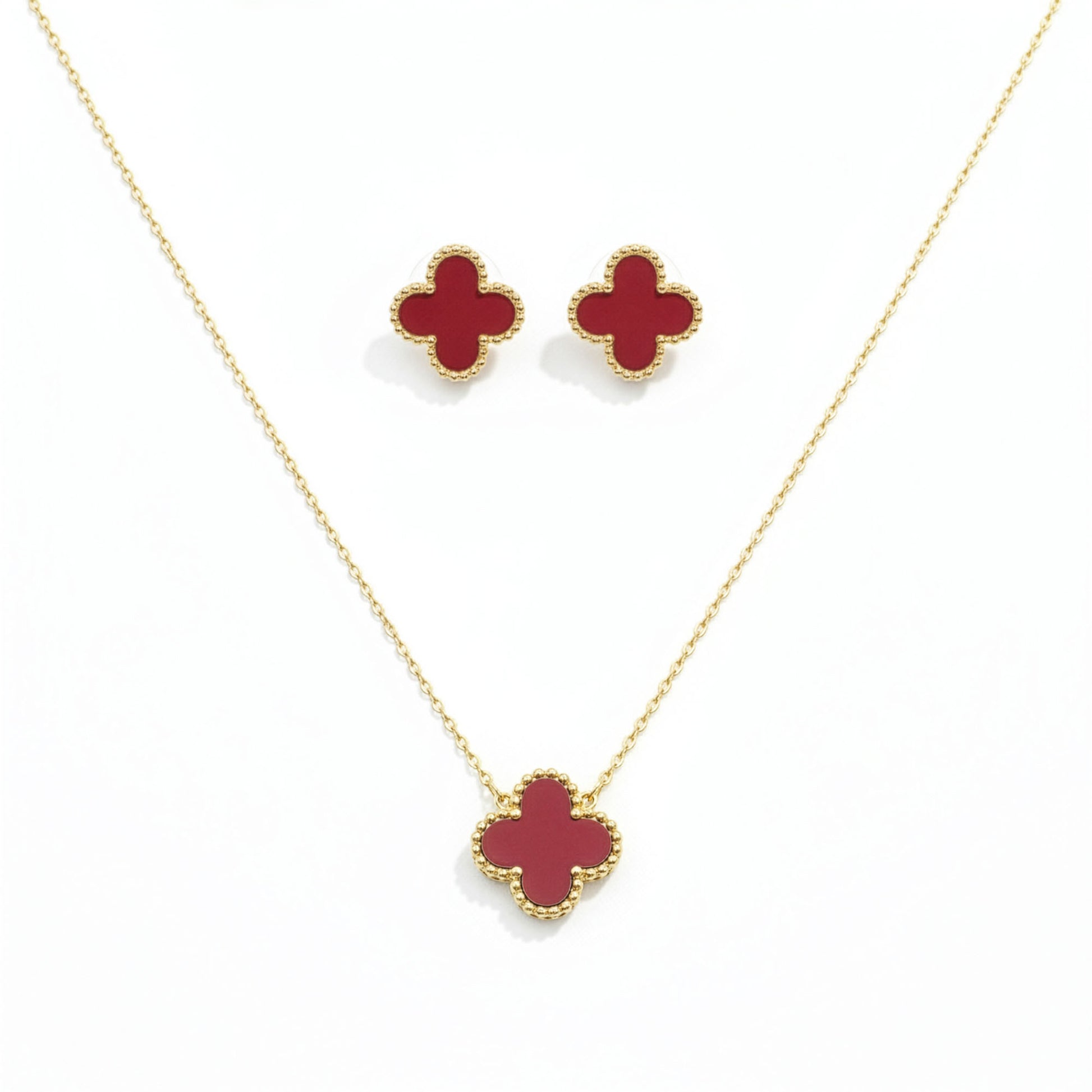 Set Trèfle Vermeil vue complète collier boucles acier inoxydable doré rouge — Beauty Store Maroc