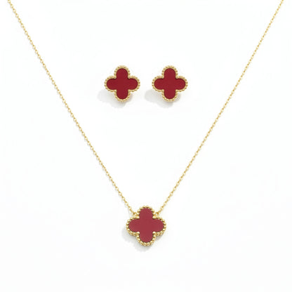 Set Trèfle Vermeil vue complète collier boucles acier inoxydable doré rouge — Beauty Store Maroc