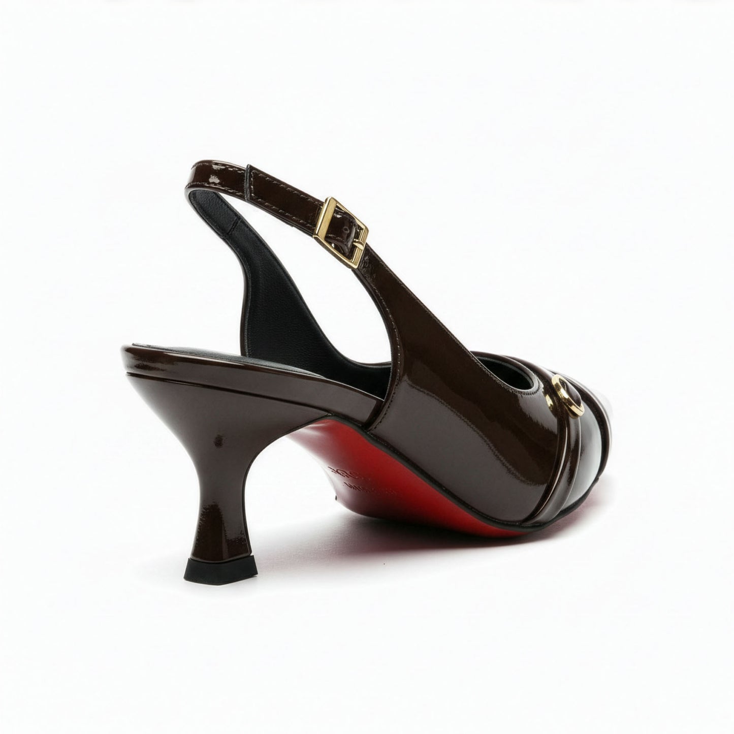 Escarpin Venezia Chocolat - Macro détail 2 anneaux dorés sangles croisées | Beauty Store Maroc