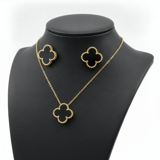 Set Trèfle Onyx collier et boucles onyx noir doré sur buste — Beauty Store Maroc