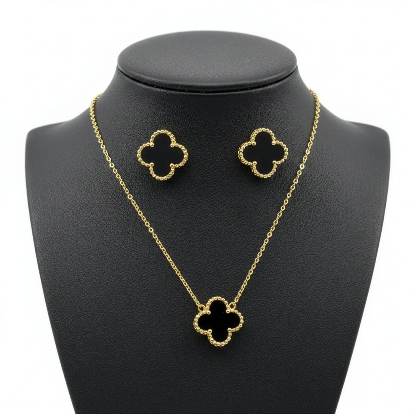 Set Trèfle Onyx vue complète collier boucles acier inoxydable doré — Beauty Store Maroc