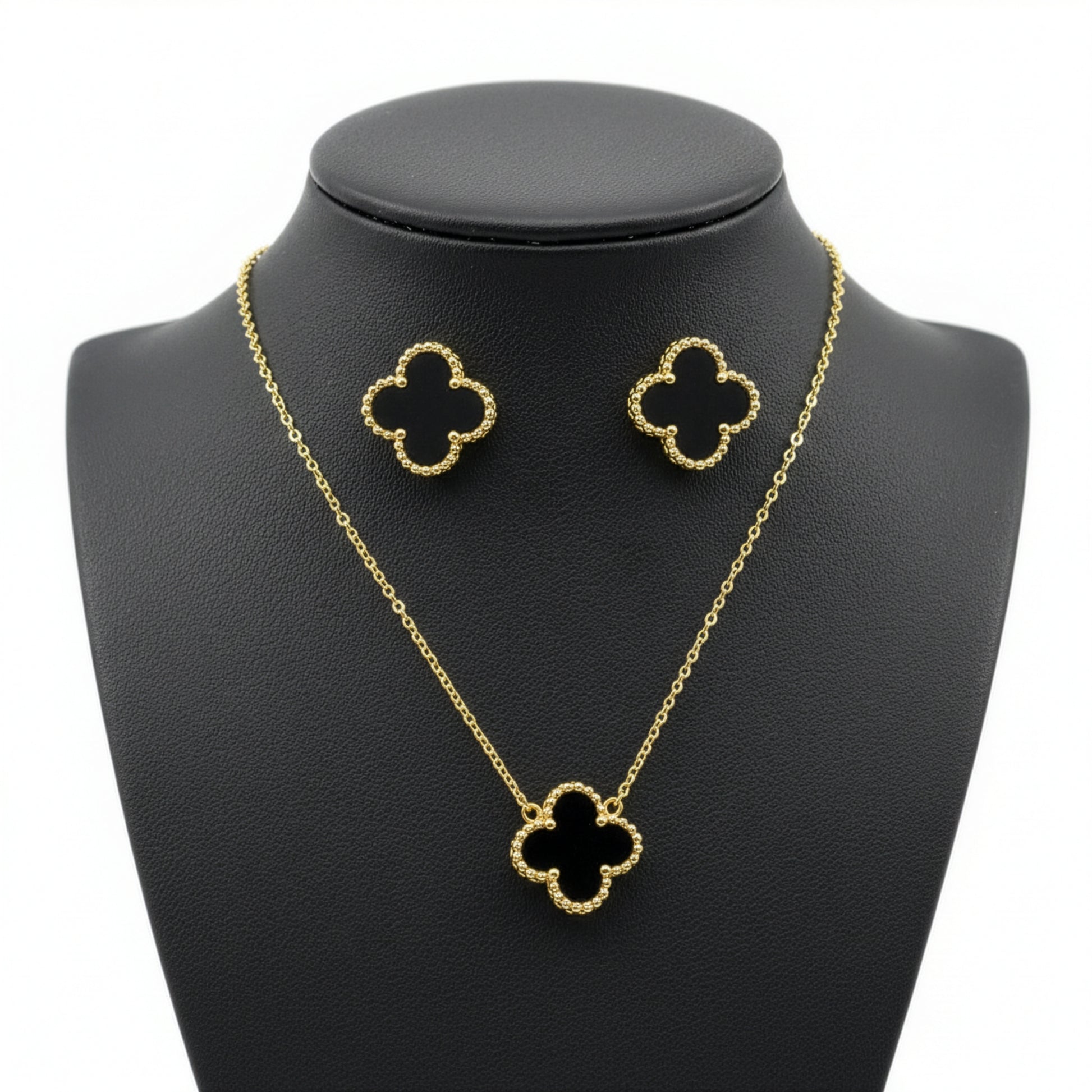 Set Trèfle Onyx vue complète collier boucles acier inoxydable doré — Beauty Store Maroc