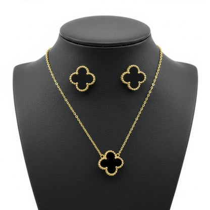 Set Trèfle Onyx vue complète collier boucles acier inoxydable doré — Beauty Store Maroc