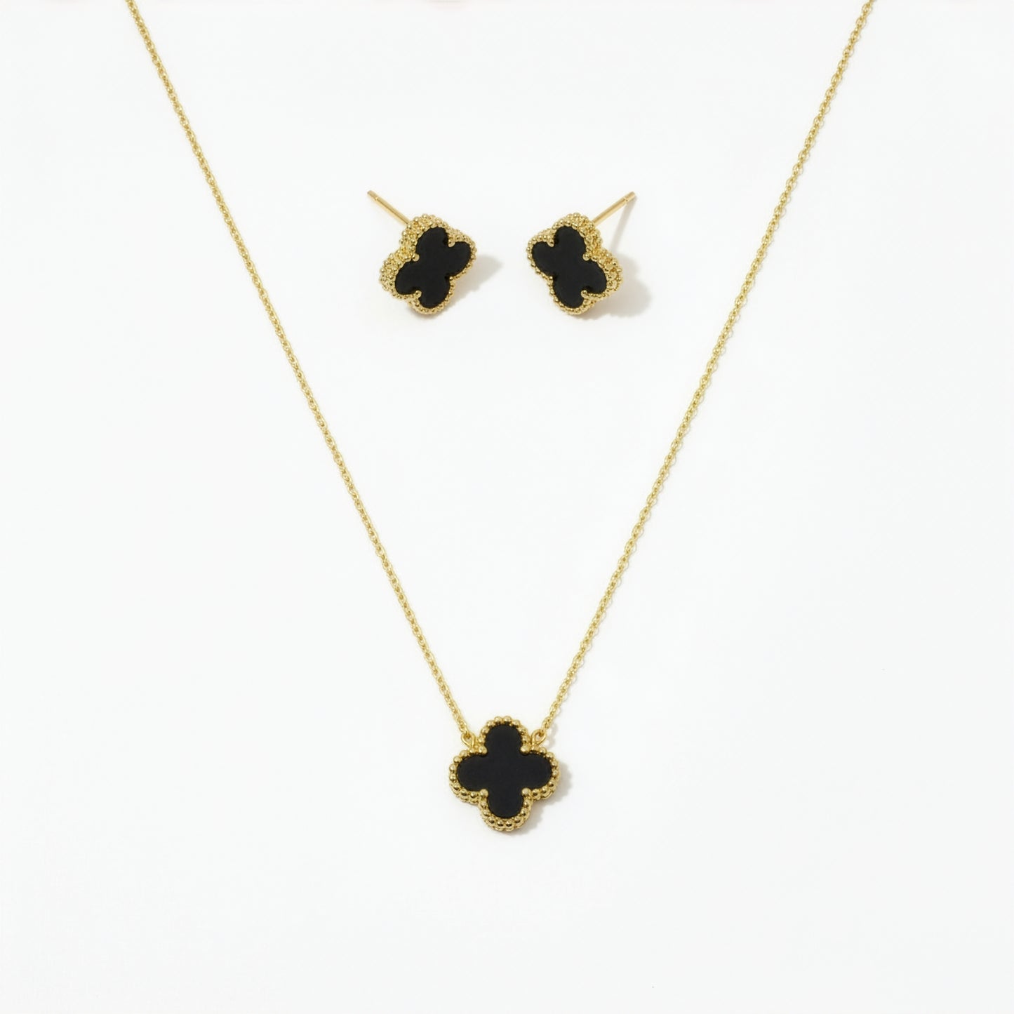 Set Trèfle Onyx collier boucles onyx noir mat acier doré fond blanc — Beauty Store Maroc