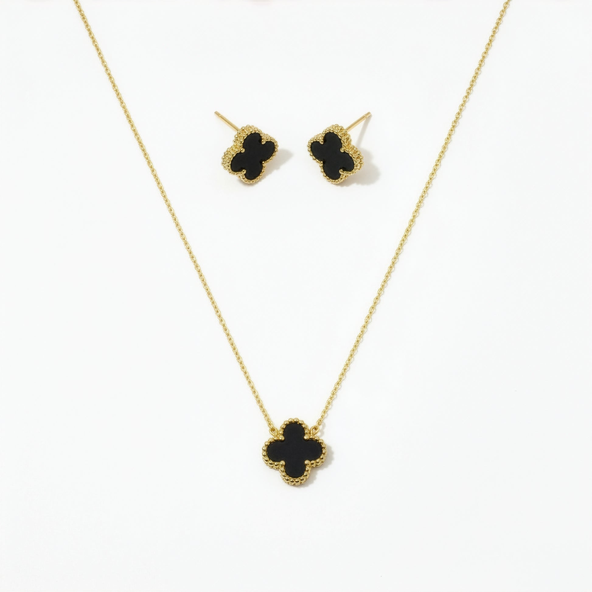 Set Trèfle Onyx collier boucles onyx noir mat acier doré fond blanc — Beauty Store Maroc