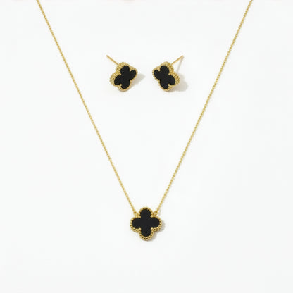 Set Trèfle Onyx collier boucles onyx noir mat acier doré fond blanc — Beauty Store Maroc